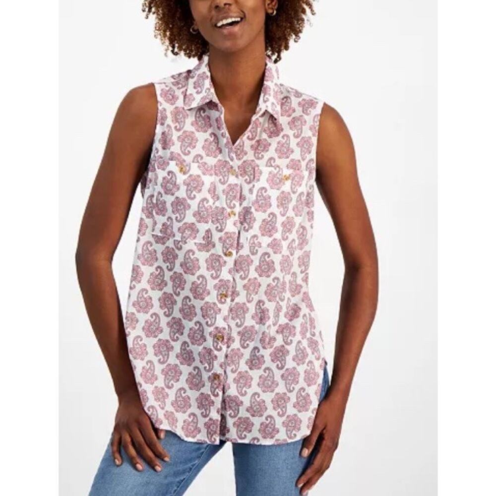 Nautica Jeans‎ Women’s Button Shirt Sleeveless Paisley Print Pink White Size L